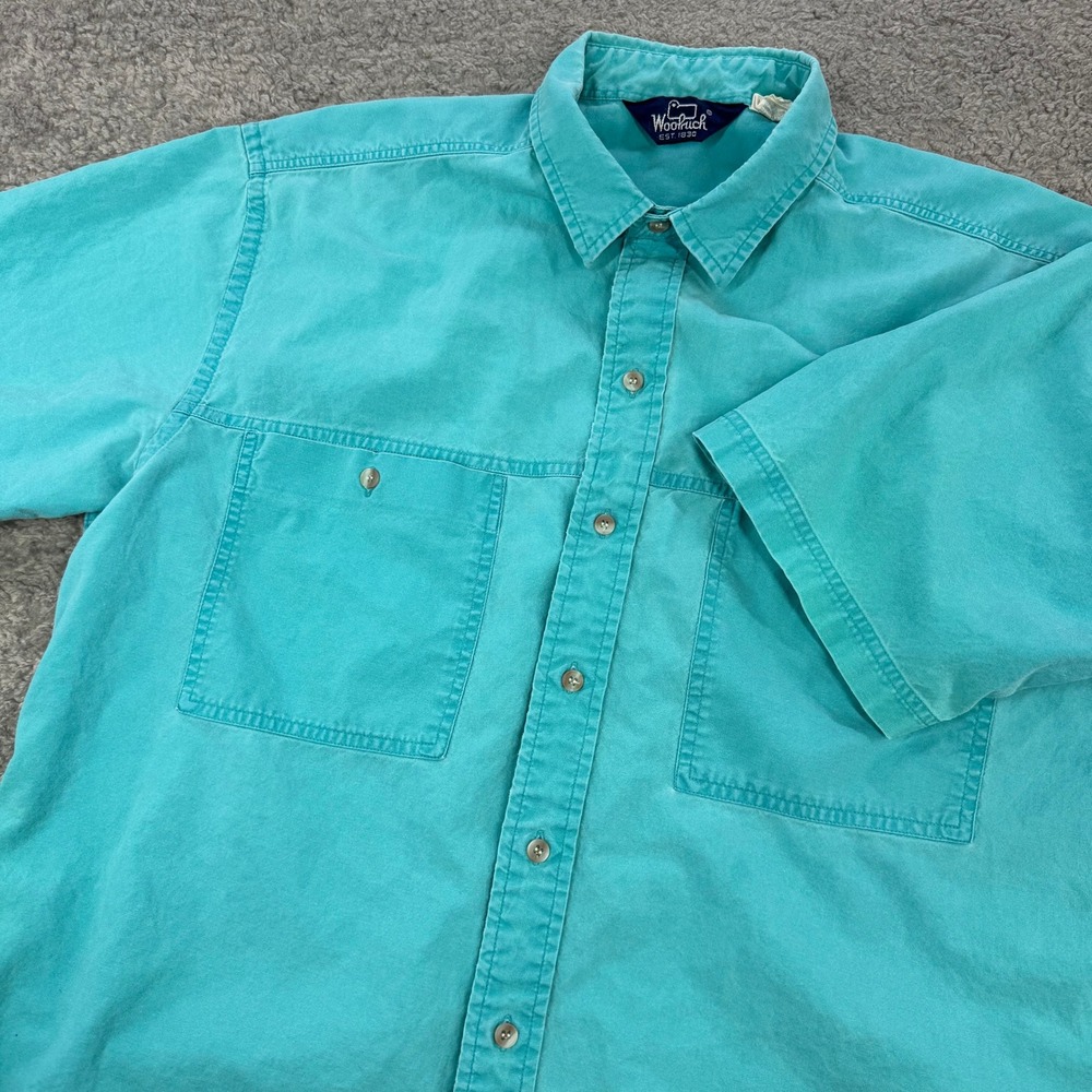 Woolrich Mens Short Sleeve Button Down Shirt Turquoise Teal Cotton XL